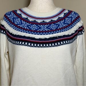 Talbots Women’s Fair Isle Sweater Cream Blue Red Wool Blend Nordic Fringe Detail